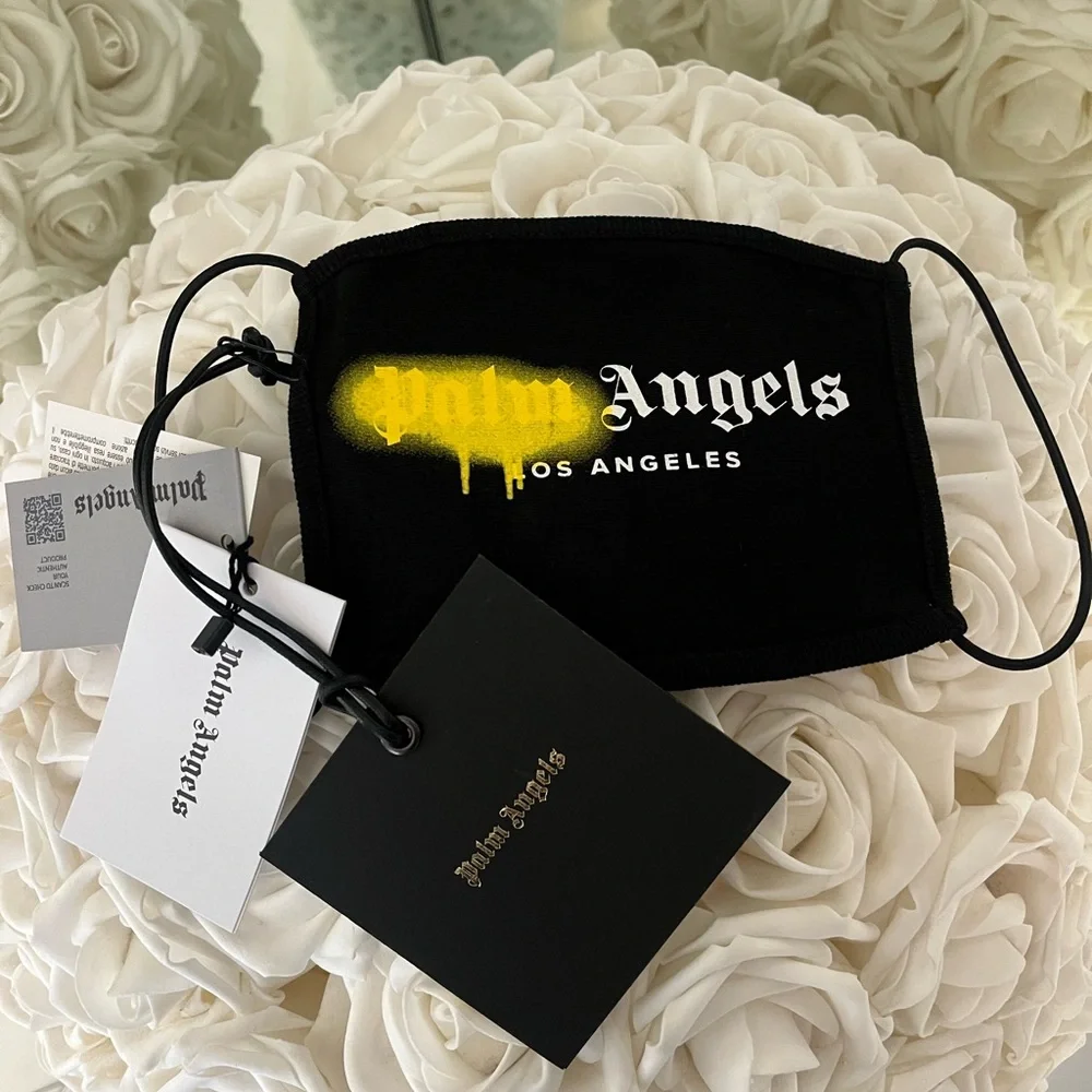 Palm Angels Black Face Mask with Yellow Spray Graphic